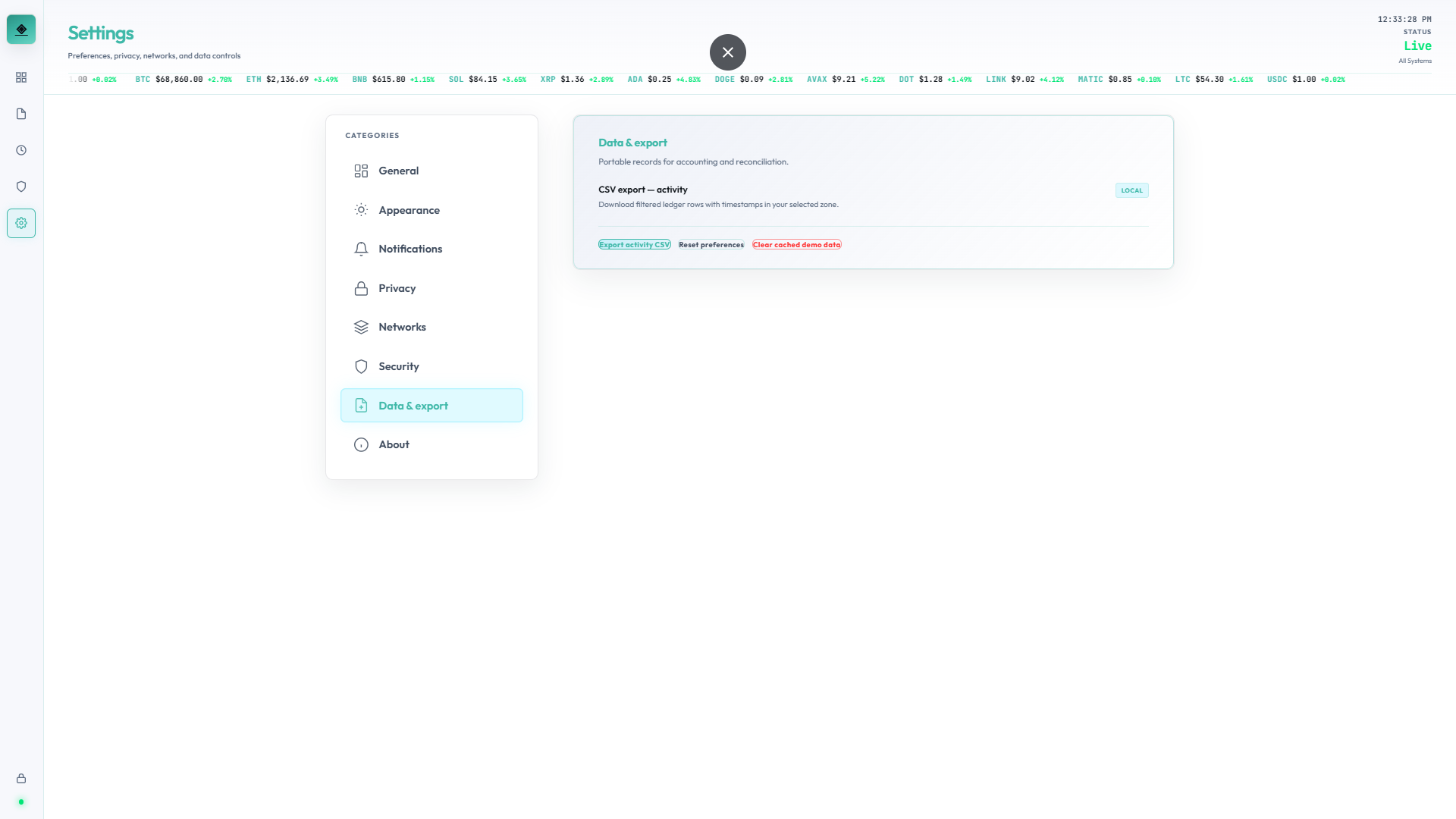 Settings — Data and export, light theme